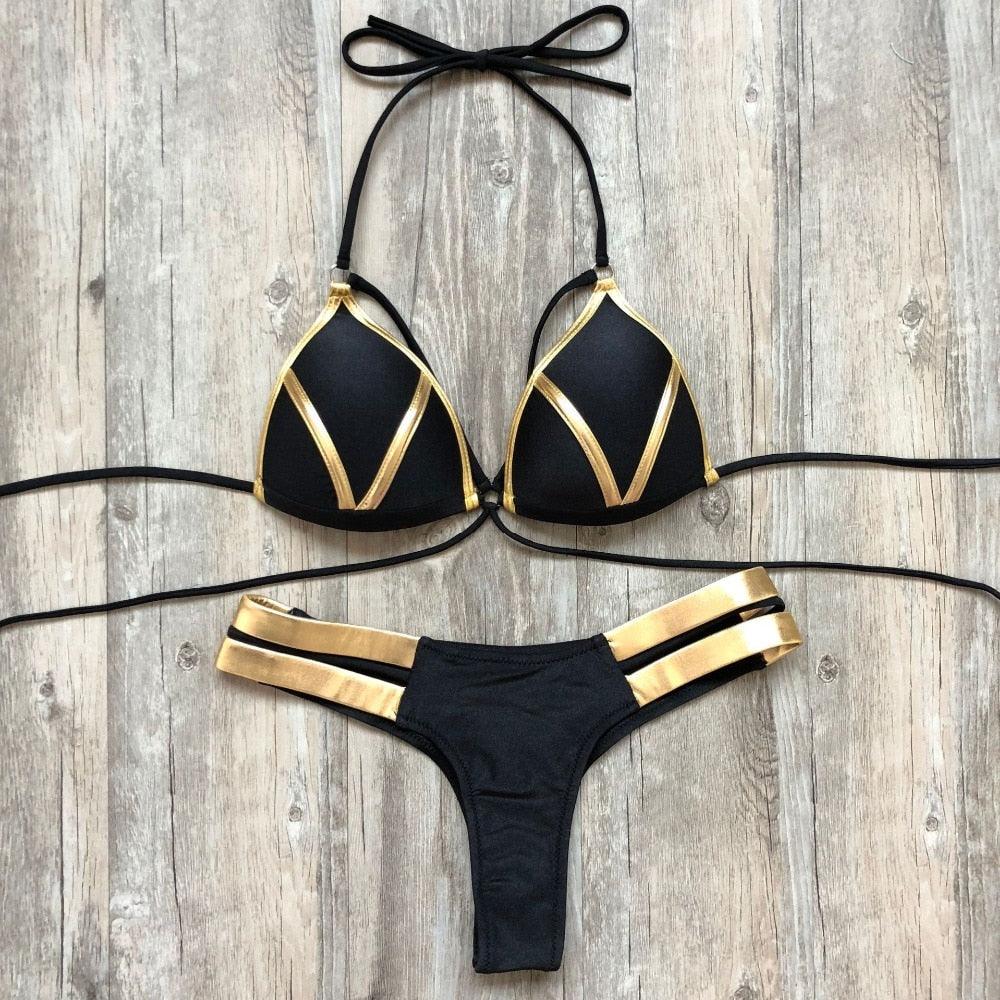 Golden Bikini Set Padded Women Swimsuit Push Up Swimwear Summer Beachwear Bathing Suit Women's Push Up Two Piece Bikini Swimsuits Elegant Lace Up Bathing Suits