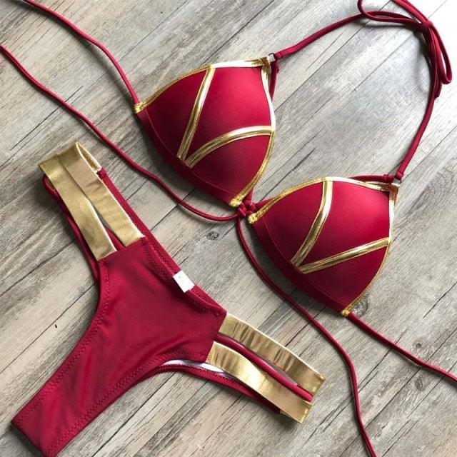 Golden Bikini Set Padded Women Swimsuit Push Up Swimwear Summer Beachwear Bathing Suit Women's Push Up Two Piece Bikini Swimsuits Elegant Lace Up Bathing Suits