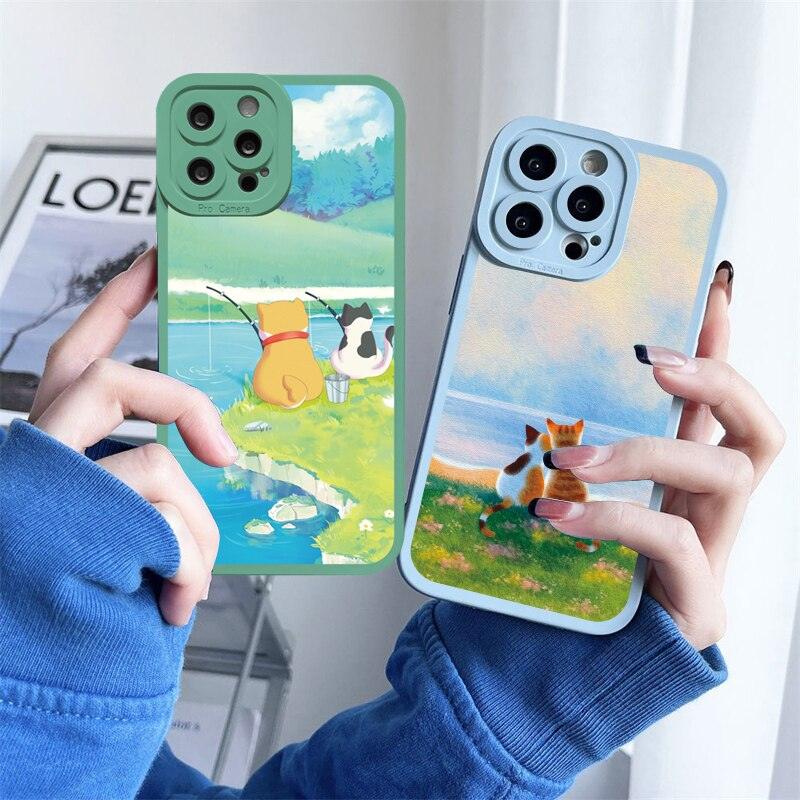 Great Cat Scenery Phone Case For iphone X XR XS 11 12 14 13 Pro Max backward cat Case For iphone 7 8Plus SE2 Soft Print Design for Women Grils Shockproof Slim Fit Cover Protective Phone Case for iPhone