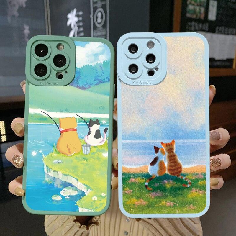 Great Cat Scenery Phone Case For iphone X XR XS 11 12 14 13 Pro Max backward cat Case For iphone 7 8Plus SE2 Soft Print Design for Women Grils Shockproof Slim Fit Cover Protective Phone Case for iPhone