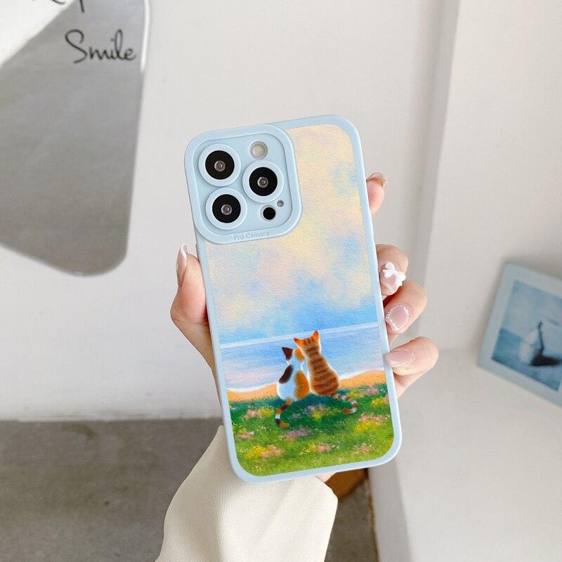 Great Cat Scenery Phone Case For iphone X XR XS 11 12 14 13 Pro Max backward cat Case For iphone 7 8Plus SE2 Soft Print Design for Women Grils Shockproof Slim Fit Cover Protective Phone Case for iPhone