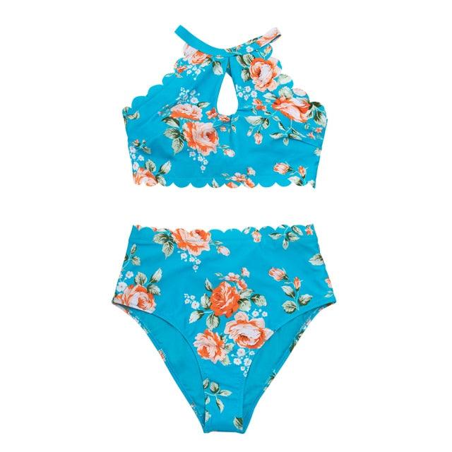 Green Floral Halter Bikini Women High Waist Bikini Halter Two Piece Bathing Suits Tummy Control Swimsuit Push Up Swimwear Sets Women High Waist Two Pieces Swimsuit New Girl Bathing Suits