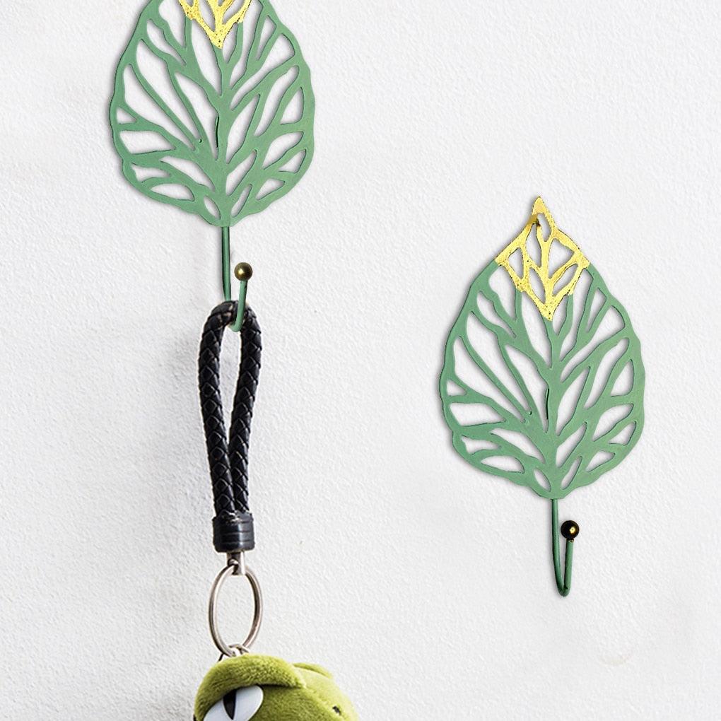 Green Gold Single Leaf Hanging Coat Hook Mini Wall Key Hook Home Decoration Modern Home Hanger Leaf Shape Coat Hooks Wall Mounted Hooks