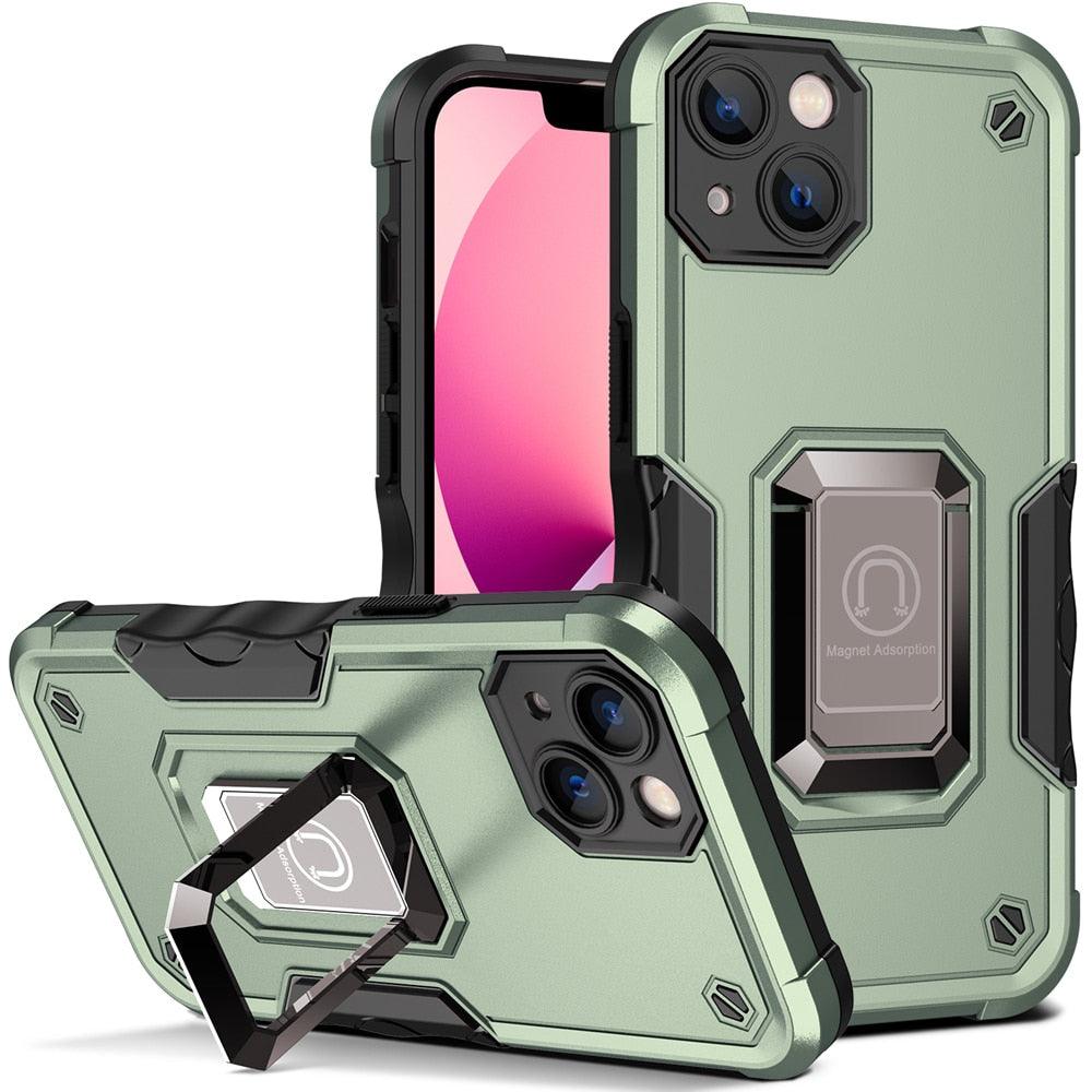 Green Shockproof Armor Case for iPhone 13 Pro Max 13 mini Ring Stand Phone Back Cover for iPhone 12 11 Pro Max Kickstand Case Built-in 360° Rotating Ring Kickstand Magnetic Case