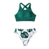 Green Stripe And Leaves Print Bikini Sets Women Tank Swimsuit Women's Two Piece High Neck Bikinis Swimsuits Modest Crop Top Bathing Suits For Teens Two Pieces Girls Beach Bathing Suits Swimwear