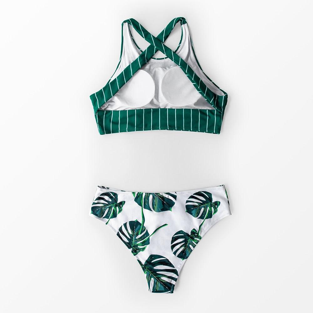 Green Stripe And Leaves Print Bikini Sets Women Tank Swimsuit Women's Two Piece High Neck Bikinis Swimsuits Modest Crop Top Bathing Suits For Teens Two Pieces Girls Beach Bathing Suits Swimwear