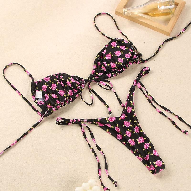 Halter Bikinis Swimsuit String Bikini Swimsuit for Women Triangle Tie Side Adjustable Swimsuit Bathing Suit 2 Piece Set New 2 Piece Swimwear High Cut Bikini Set Print Bandage Beachwear