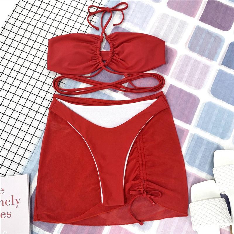 Halter Hollow Cross Bikinis Set Swimsuit Women's New Solid Two-Piece Swimwear Two Piece Swimsuit Halter Crisscross Cut Out Bikini Wrap Top with High Waist  Bottom Beach Swimwear Summer Beachwear Woman Bath Bathing Suit