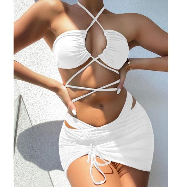 Halter Hollow Cross Bikinis Set Swimsuit Women's New Solid Two-Piece Swimwear Two Piece Swimsuit Halter Crisscross Cut Out Bikini Wrap Top with High Waist  Bottom Beach Swimwear Summer Beachwear Woman Bath Bathing Suit