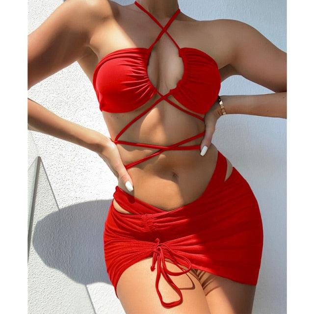 Halter Hollow Cross Bikinis Set Swimsuit Women's New Solid Two-Piece Swimwear Two Piece Swimsuit Halter Crisscross Cut Out Bikini Wrap Top with High Waist  Bottom Beach Swimwear Summer Beachwear Woman Bath Bathing Suit