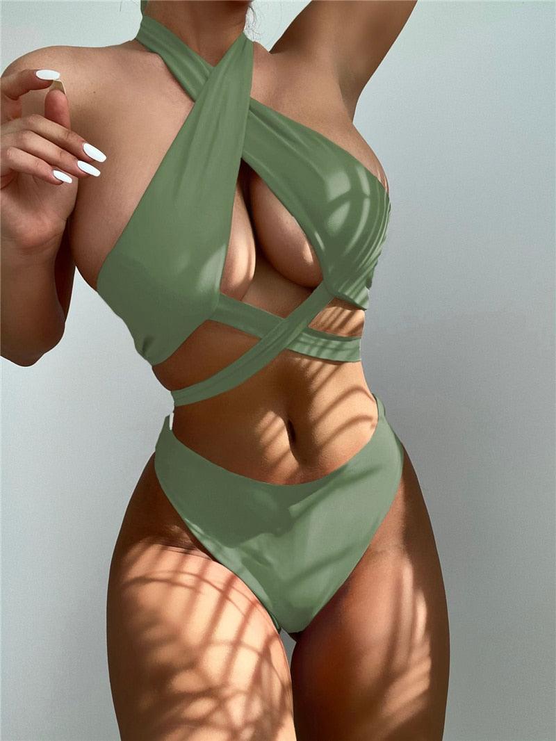 Halter Hollow Cross Bikinis Set Swimsuit Women's New Solid Two-Piece Swimwear Two Piece Swimsuit Halter Crisscross Cut Out Bikini Wrap Top with High Waist  Bottom Beach Swimwear Summer Beachwear Woman Bath Bathing Suit