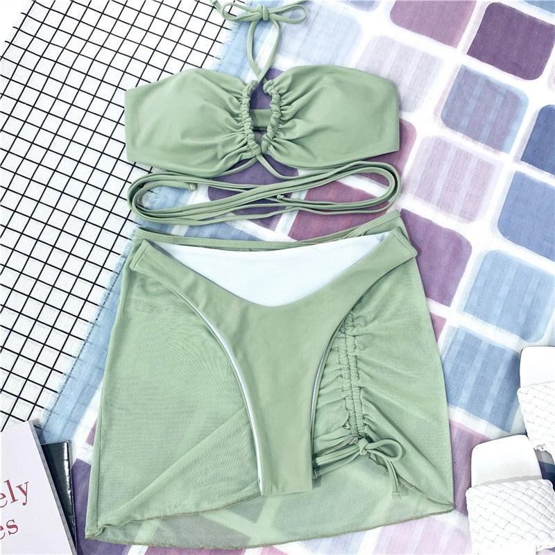 Halter Hollow Cross Bikinis Set Swimsuit Women's New Solid Two-Piece Swimwear Two Piece Swimsuit Halter Crisscross Cut Out Bikini Wrap Top with High Waist  Bottom Beach Swimwear Summer Beachwear Woman Bath Bathing Suit