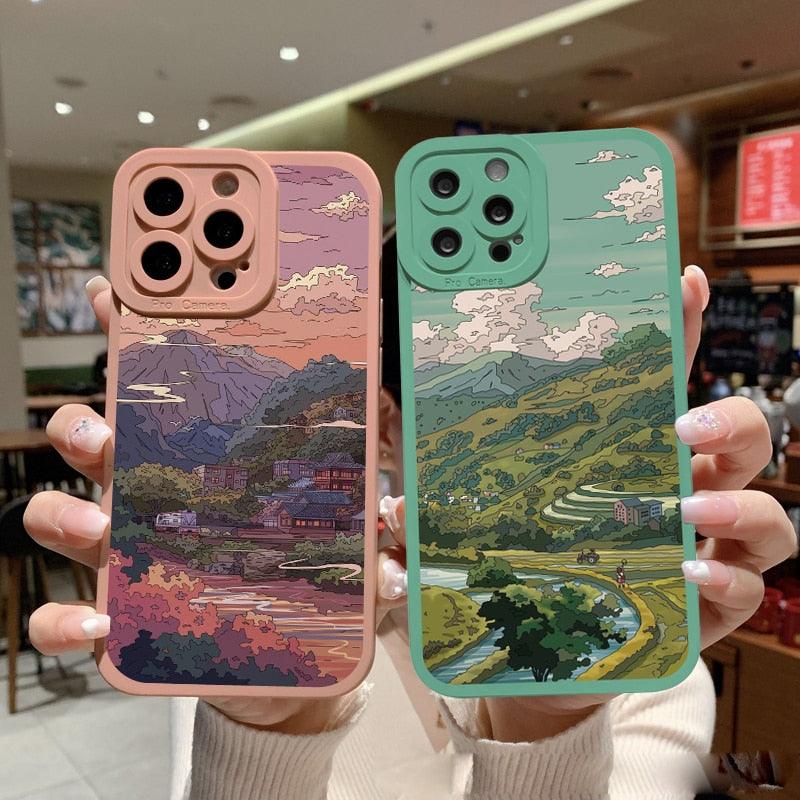 Hand Painted House scenery Phone Case For iPhone 13 12 11 Pro Max  Scene For iPhone 7 8Plus SE X XR XS Cover Woman Girl Frosted Hard PC Back Protective Bumper Silicone Shockproof for iPhone