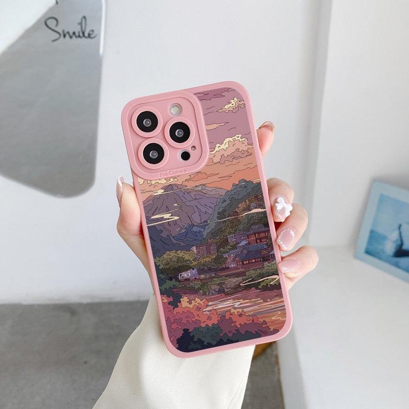 Hand Painted House scenery Phone Case For iPhone 13 12 11 Pro Max  Scene For iPhone 7 8Plus SE X XR XS Cover Woman Girl Frosted Hard PC Back Protective Bumper Silicone Shockproof for iPhone