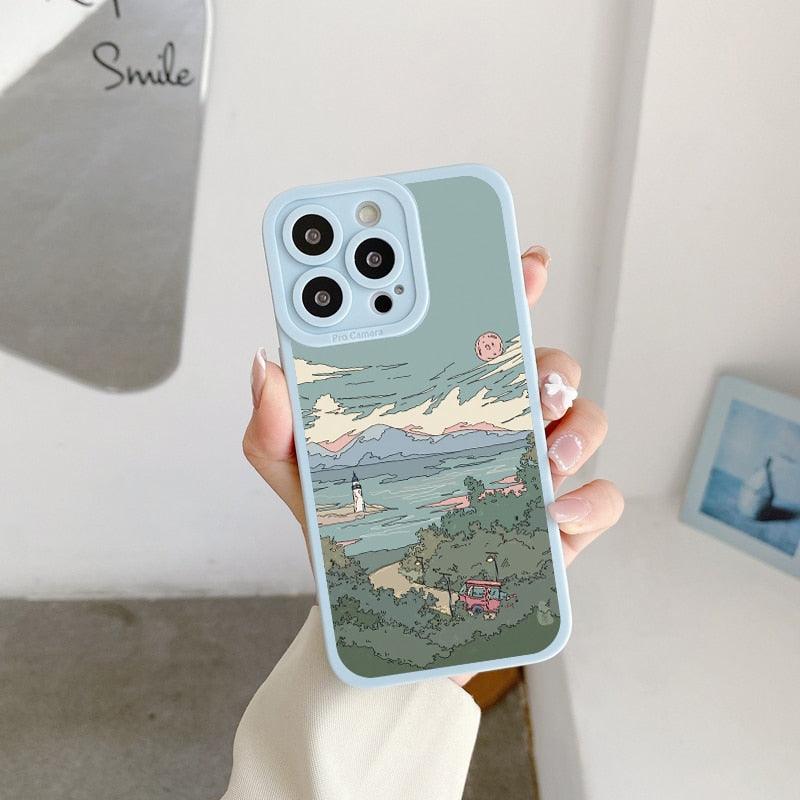 Hand Painted House scenery Phone Case For iPhone 13 12 11 Pro Max  Scene For iPhone 7 8Plus SE X XR XS Cover Woman Girl Frosted Hard PC Back Protective Bumper Silicone Shockproof for iPhone