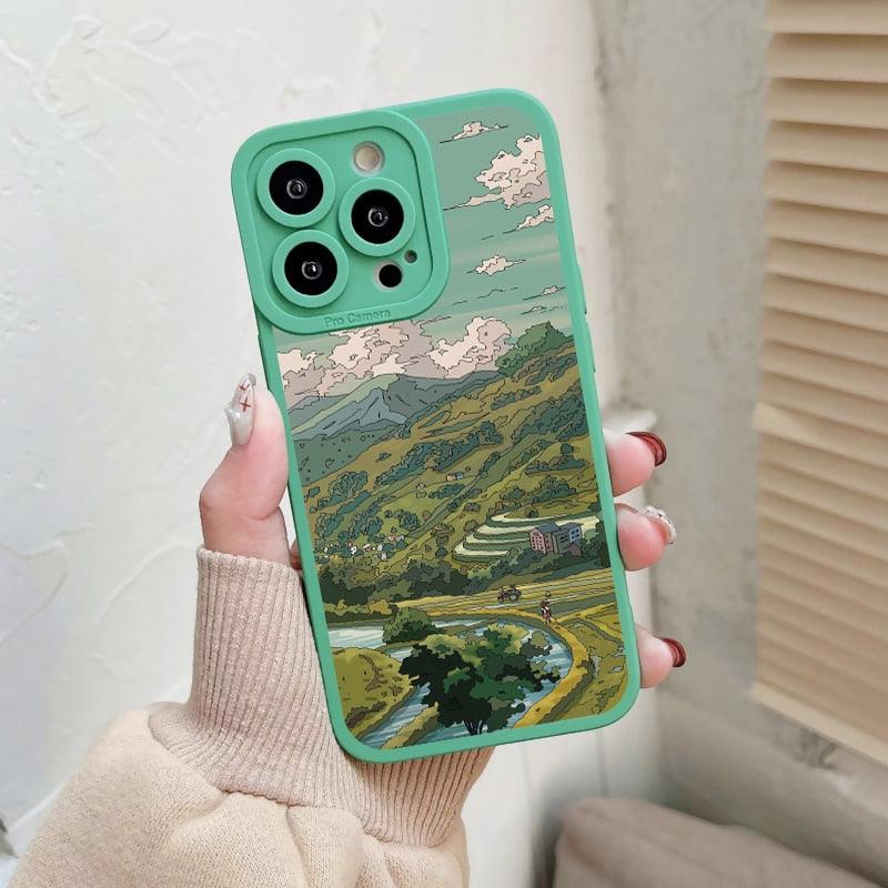 Hand Painted House scenery Phone Case For iPhone 13 12 11 Pro Max  Scene For iPhone 7 8Plus SE X XR XS Cover Woman Girl Frosted Hard PC Back Protective Bumper Silicone Shockproof for iPhone