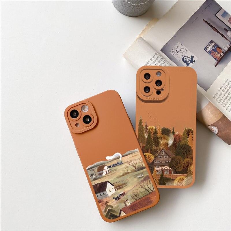 Hand Painted Phone Case Retro Scenery Case Soft Back Cover For iPhone 12 13 11 Pro MAX 7 8 Plus SE2 Anti-Drop Silicone Protective Case Beautiful Painted Pattern Phone Case Suitable for iPhone