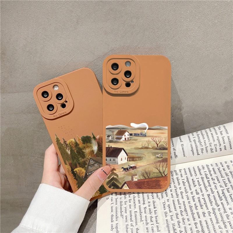 Hand Painted Phone Case Retro Scenery Case Soft Back Cover For iPhone 12 13 11 Pro MAX 7 8 Plus SE2 Anti-Drop Silicone Protective Case Beautiful Painted Pattern Phone Case Suitable for iPhone