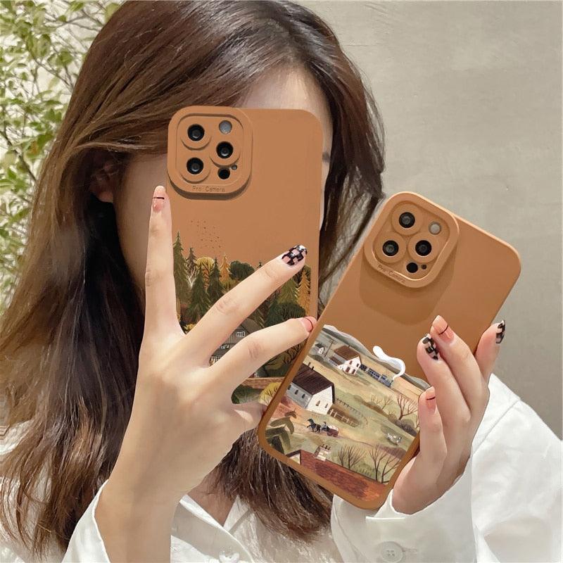 Hand Painted Phone Case Retro Scenery Case Soft Back Cover For iPhone 12 13 11 Pro MAX 7 8 Plus SE2 Anti-Drop Silicone Protective Case Beautiful Painted Pattern Phone Case Suitable for iPhone