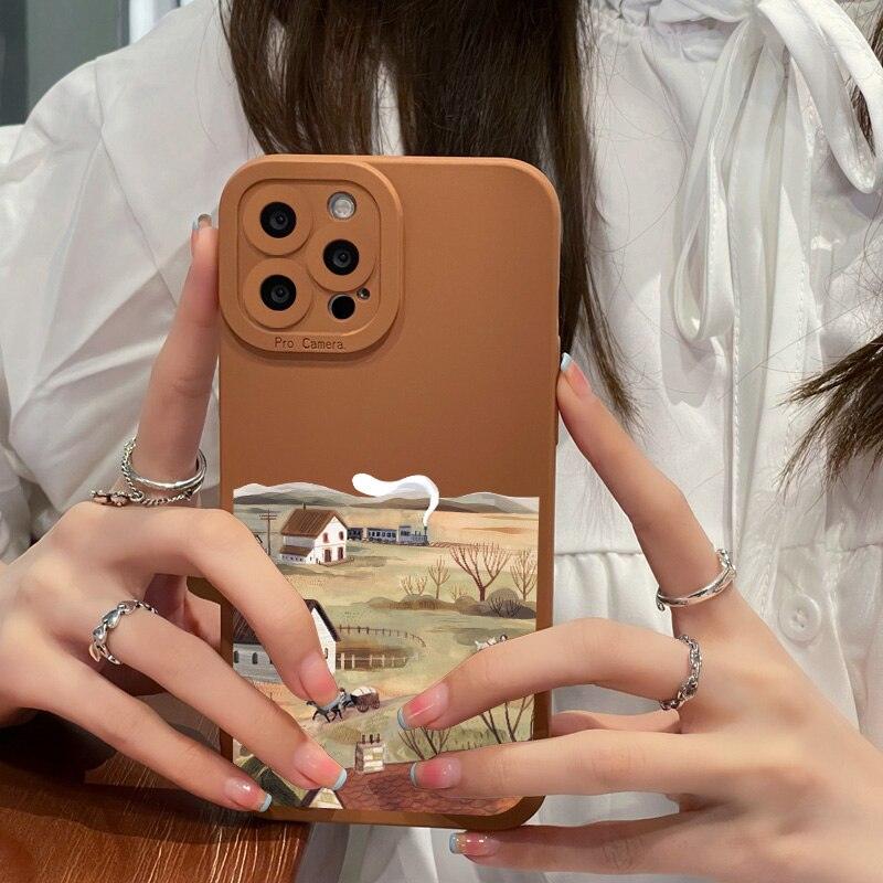 Hand Painted Phone Case Retro Scenery Case Soft Back Cover For iPhone 12 13 11 Pro MAX 7 8 Plus SE2 Anti-Drop Silicone Protective Case Beautiful Painted Pattern Phone Case Suitable for iPhone