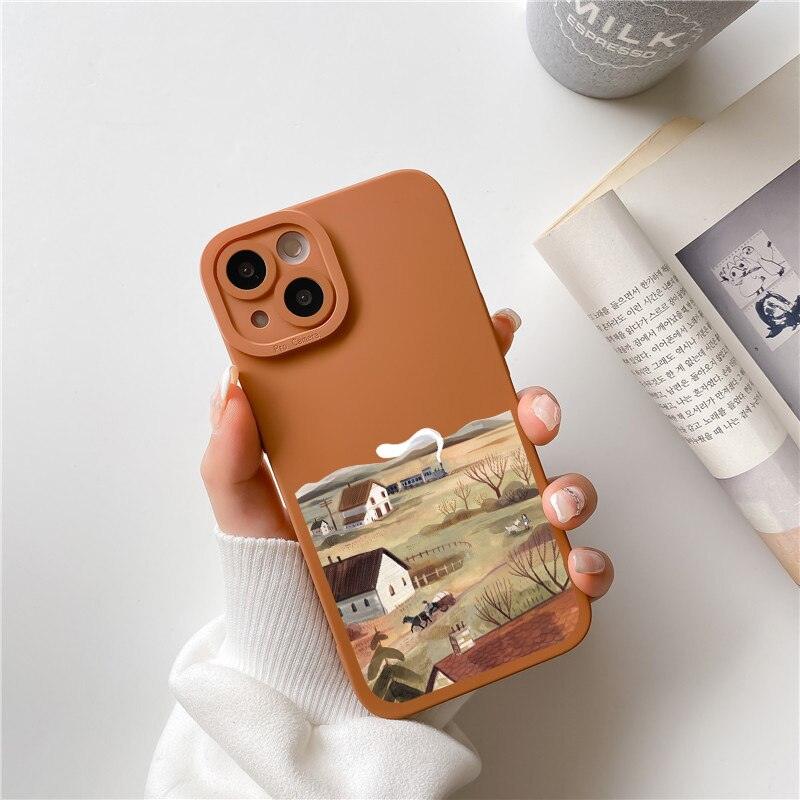 Hand Painted Phone Case Retro Scenery Case Soft Back Cover For iPhone 12 13 11 Pro MAX 7 8 Plus SE2 Anti-Drop Silicone Protective Case Beautiful Painted Pattern Phone Case Suitable for iPhone