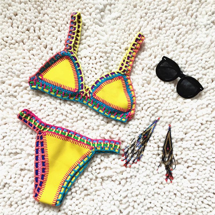 Handmade Women Bikini Crochet Knit Swimwear Halter Patchwork Bathing Suit Women's Swimsuit Strappy Side 2 Piece Bikini Set Triangle Beach Swimwear