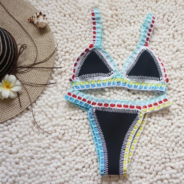 Handmade Women Bikini Crochet Knit Swimwear Halter Patchwork Bathing Suit Women's Swimsuit Strappy Side 2 Piece Bikini Set Triangle Beach Swimwear