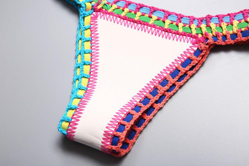 Handmade Women Bikini Crochet Knit Swimwear Halter Patchwork Bathing Suit Women's Swimsuit Strappy Side 2 Piece Bikini Set Triangle Beach Swimwear