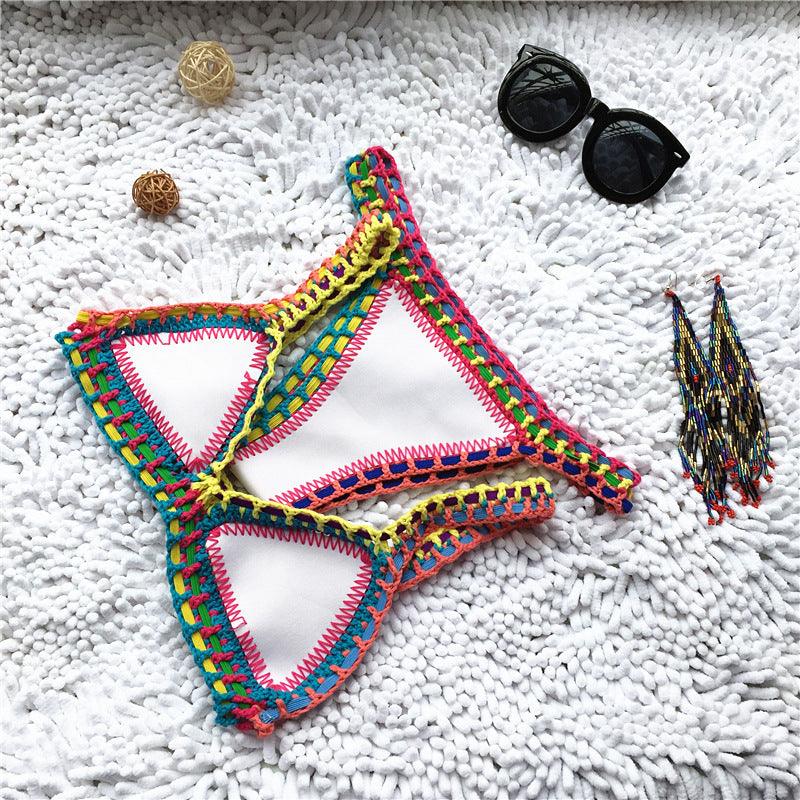 Handmade Women Bikini Crochet Knit Swimwear Halter Patchwork Bathing Suit Women's Swimsuit Strappy Side 2 Piece Bikini Set Triangle Beach Swimwear