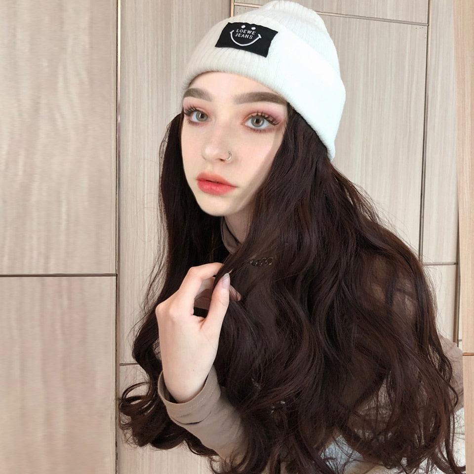 Hat Wig For Women Synthetic Long Wavy Wigs Autumn Winter Fashion  Knitted Cap Hair Wig Hair Extensions Wigs For Black Women Cosplay Wigs For Women