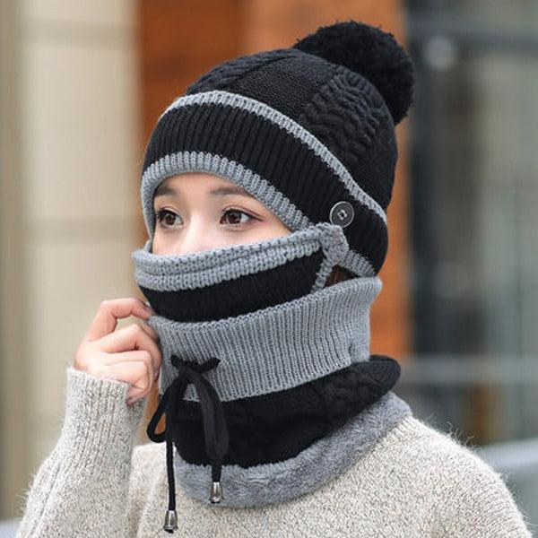 Hats Women Winter Knitted Velvet Thick Bib Mask Ear Protector Skellies Beanie Hat Riding Caps Female Warm Wool Cap Outdoor Sport Warm Beanies Hat For Men Knitted Hats Bandana Hiking Camping Kid Beanie Cap Mask Scarf Hat Set Neck Warmer Cap