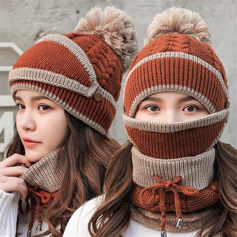 Hats Women Winter Knitted Velvet Thick Bib Mask Ear Protector Skellies Beanie Hat Riding Caps Female Warm Wool Cap Outdoor Sport Warm Beanies Hat For Men Knitted Hats Bandana Hiking Camping Kid Beanie Cap Mask Scarf Hat Set Neck Warmer Cap