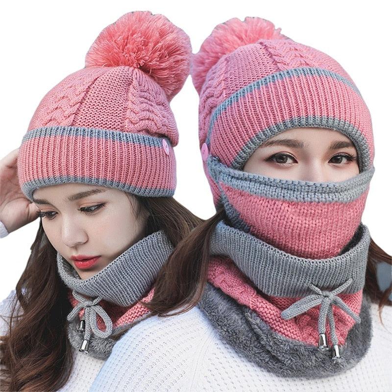 Hats Women Winter Knitted Velvet Thick Bib Mask Ear Protector Skellies Beanie Hat Riding Caps Female Warm Wool Cap Outdoor Sport Warm Beanies Hat For Men Knitted Hats Bandana Hiking Camping Kid Beanie Cap Mask Scarf Hat Set Neck Warmer Cap