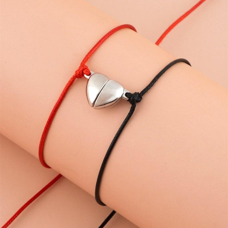 Heart Shaped Magnet Couple Bracelet Adjustable Black Red Rope Hand Bracelet Classic Men Women  First Day Of School Bracelets For Mom Daughter Cutout Heart Bracelets Mother’s Day Valentine’s day Jewelry Gifts