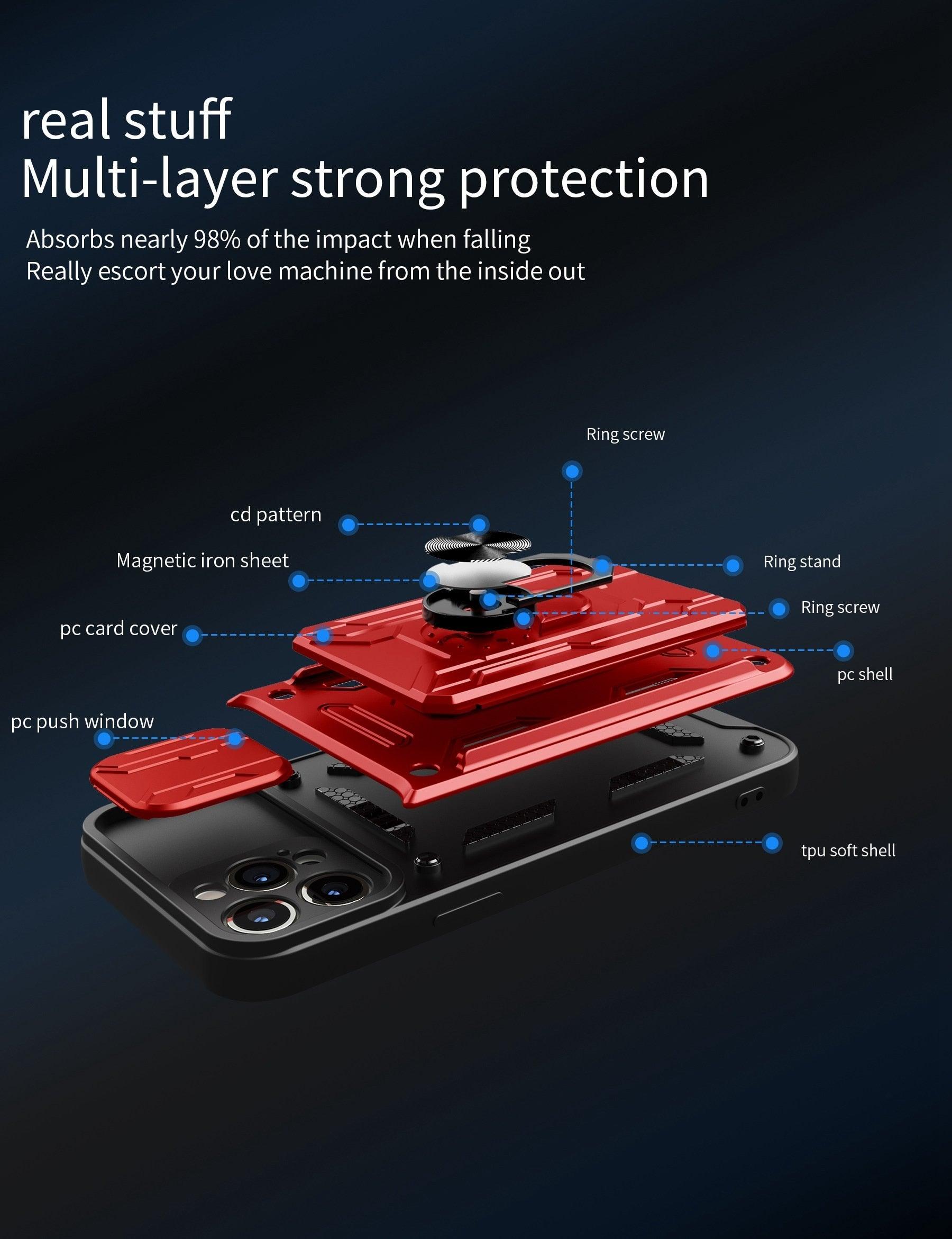 Heavy Duty Armor Case Card Pocket for iPhone 11 Pro 7 8 Plus Magnetic Phone Holder Cover Slide Lens Protection Design Card Holder Slot With Rotating Ring Armor Bumper Shockproof Case