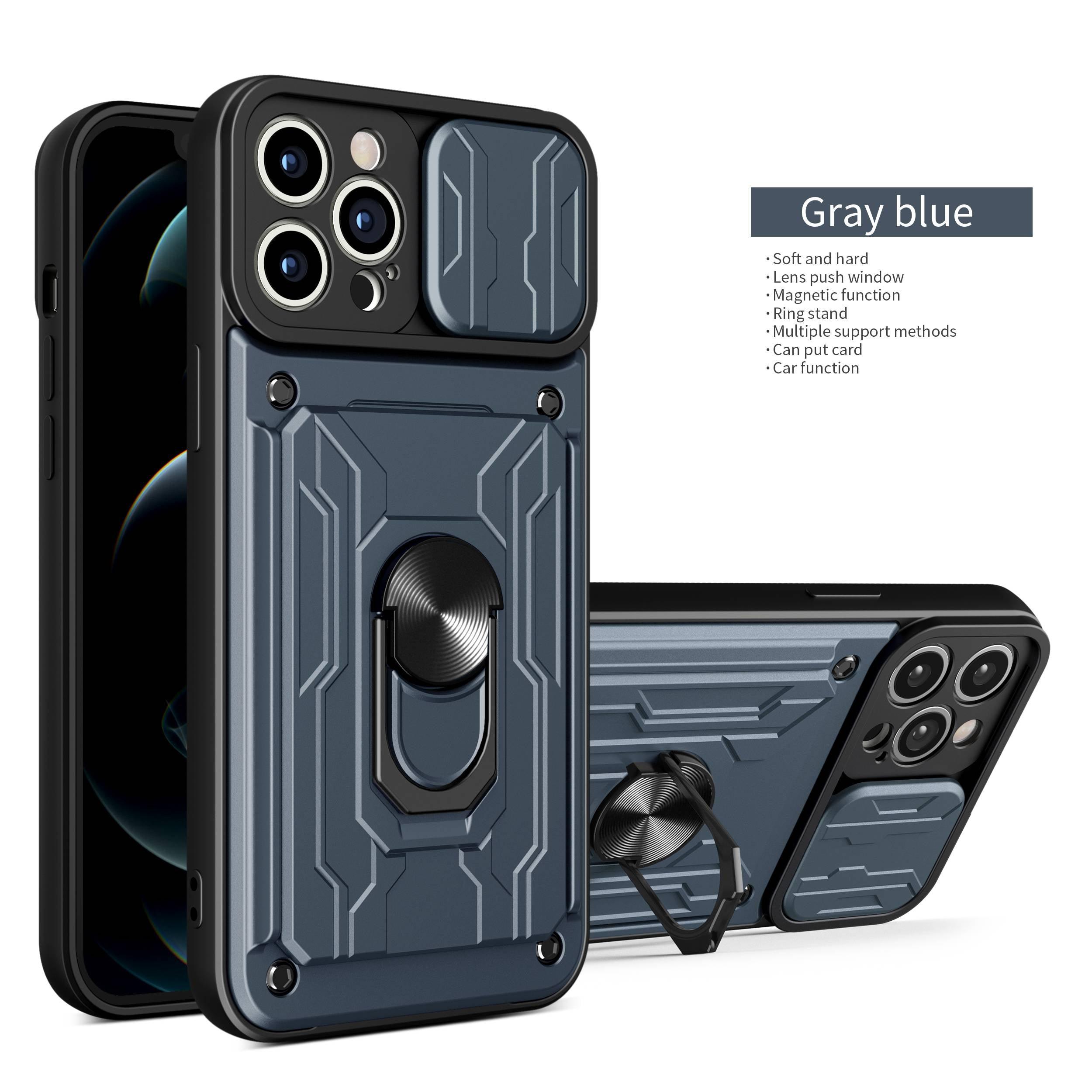 Heavy Duty Armor Case Card Pocket for iPhone 11 Pro 7 8 Plus Magnetic Phone Holder Cover Slide Lens Protection Design Card Holder Slot With Rotating Ring Armor Bumper Shockproof Case