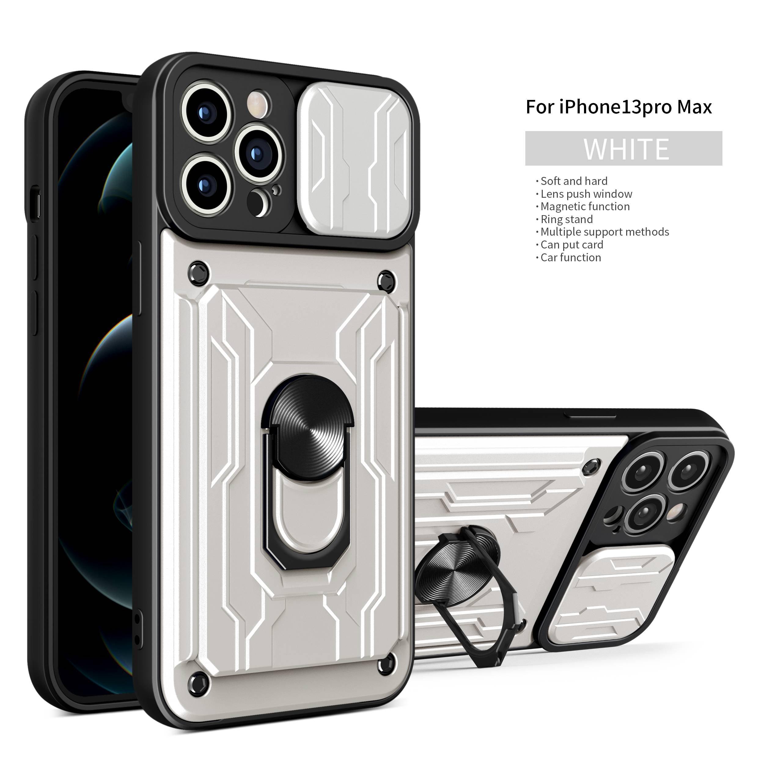 Heavy Duty Armor Case Card Pocket for iPhone 11 Pro 7 8 Plus Magnetic Phone Holder Cover Slide Lens Protection Design Card Holder Slot With Rotating Ring Armor Bumper Shockproof Case