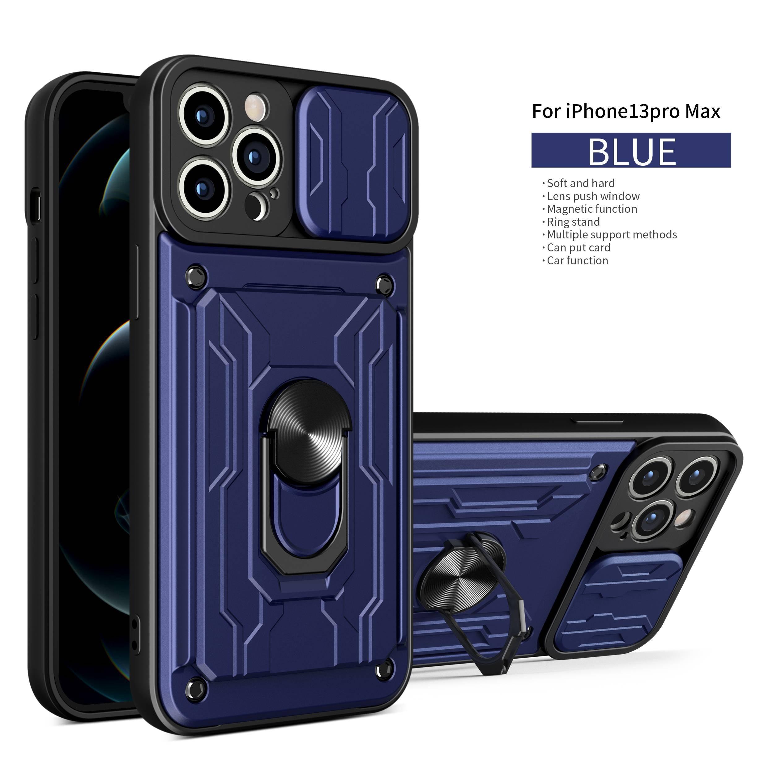 Heavy Duty Armor Case Card Pocket for iPhone 11 Pro 7 8 Plus Magnetic Phone Holder Cover Slide Lens Protection Design Card Holder Slot With Rotating Ring Armor Bumper Shockproof Case