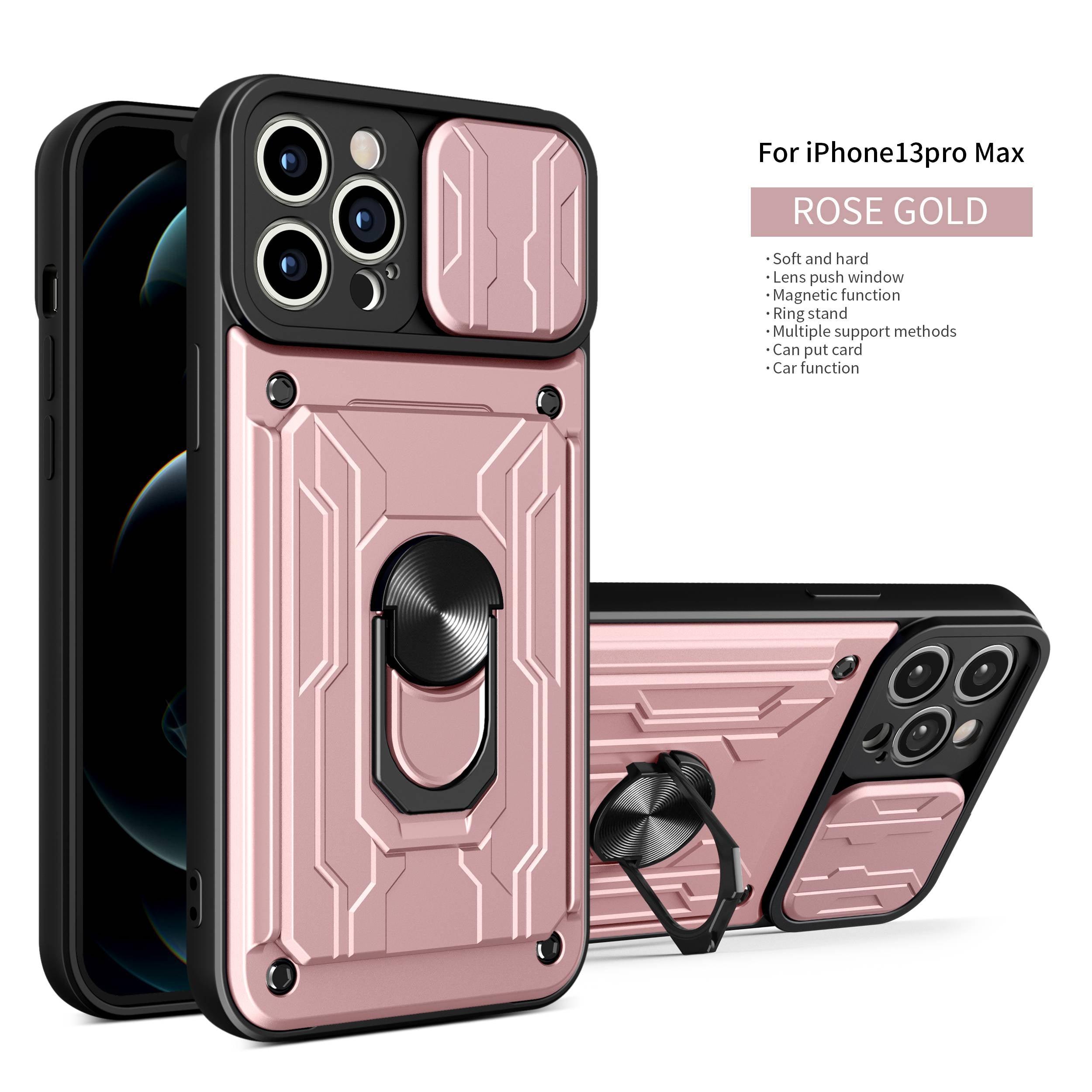 Heavy Duty Armor Case Card Pocket for iPhone 11 Pro 7 8 Plus Magnetic Phone Holder Cover Slide Lens Protection Design Card Holder Slot With Rotating Ring Armor Bumper Shockproof Case