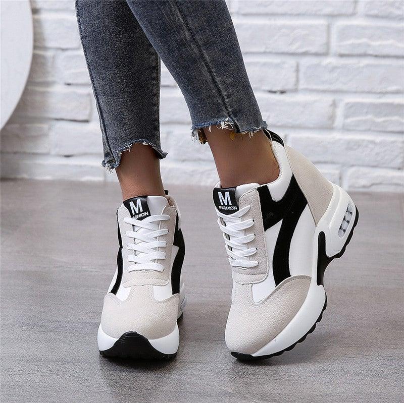 High Heel Womens Sneakers Shoes Red Black Air Cushion Casual Shoes Women Sneakers Modern Shoes Classic Athletic Sports Walking Shoes With Lace Up Platform Leather Trainers