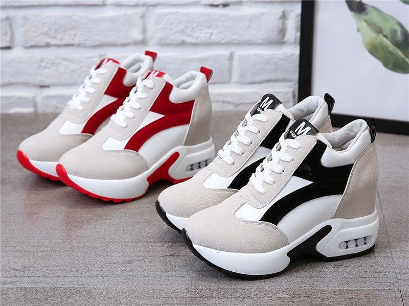 High Heel Womens Sneakers Shoes Red Black Air Cushion Casual Shoes Women Sneakers Modern Shoes Classic Athletic Sports Walking Shoes With Lace Up Platform Leather Trainers