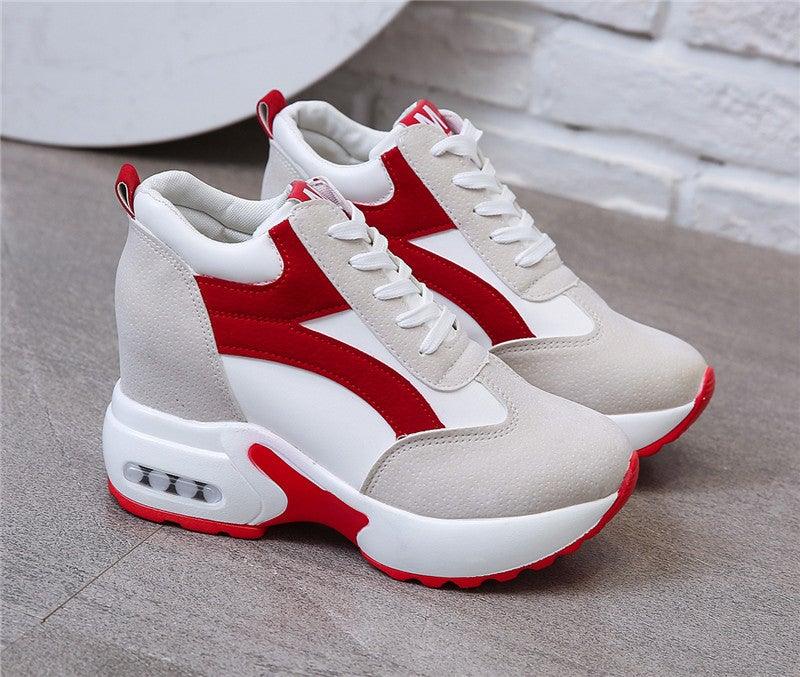 High Heel Womens Sneakers Shoes Red Black Air Cushion Casual Shoes Women Sneakers Modern Shoes Classic Athletic Sports Walking Shoes With Lace Up Platform Leather Trainers