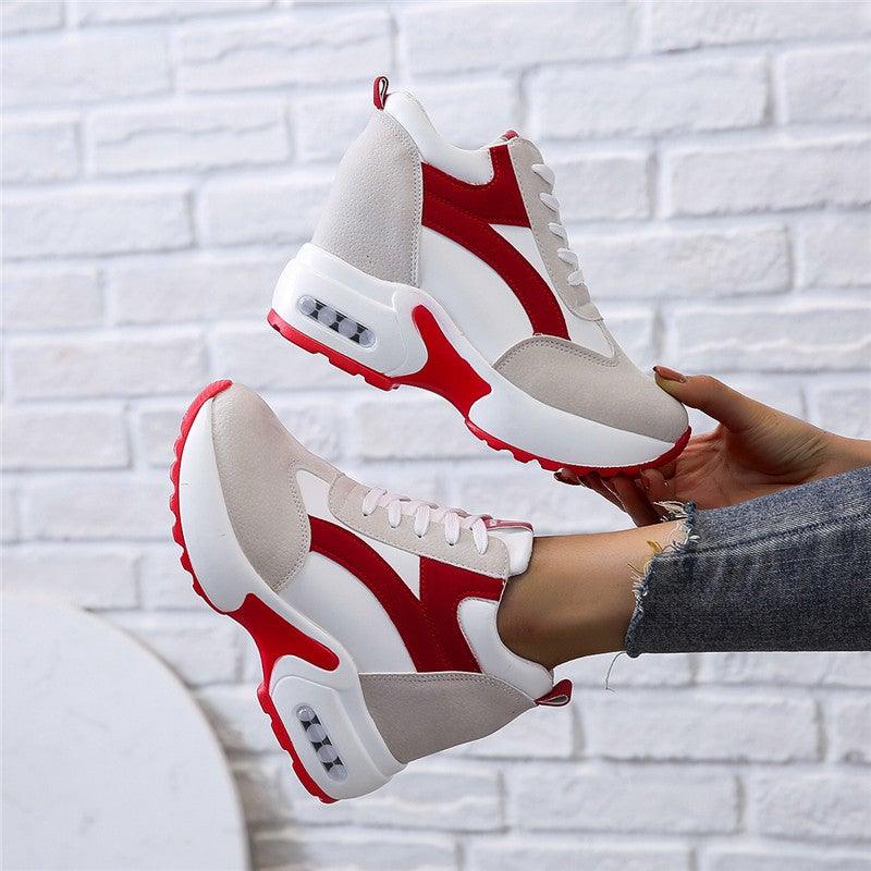 High Heel Womens Sneakers Shoes Red Black Air Cushion Casual Shoes Women Sneakers Modern Shoes Classic Athletic Sports Walking Shoes With Lace Up Platform Leather Trainers