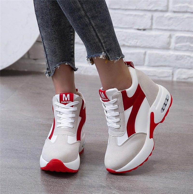 High Heel Womens Sneakers Shoes Red Black Air Cushion Casual Shoes Women Sneakers Modern Shoes Classic Athletic Sports Walking Shoes With Lace Up Platform Leather Trainers