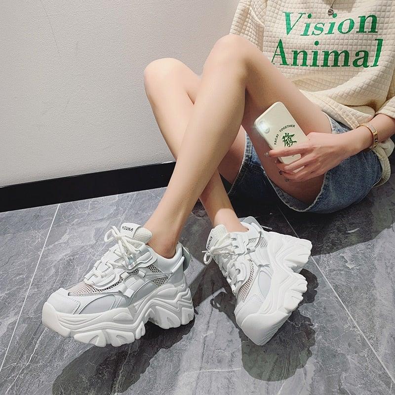 High Quality Chunky Sneakers Womens Platform Fashion Breathable Height Increased Thick Bottom Trainers High White Fashion Thick Soled Sports Walking Sneakers