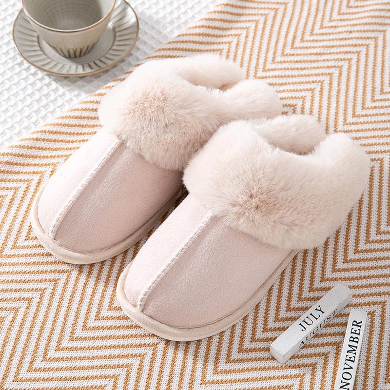 High Quality Cow Suede Leather Plush Fur Lined Women Winter Slippers Home Half Casual Shoes Flats Waterproof Memory Foam House Shoes Slipper With Fuzzy Plush Design