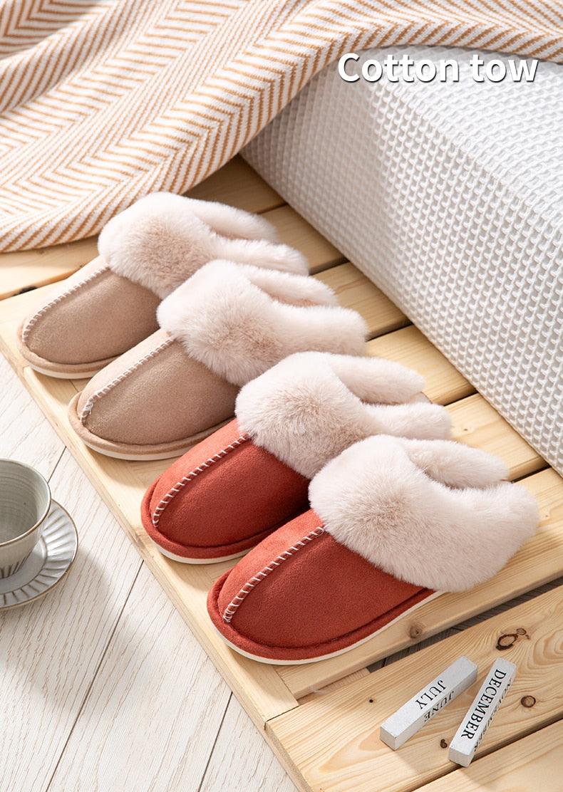 High Quality Cow Suede Leather Plush Fur Lined Women Winter Slippers Home Half Casual Shoes Flats Waterproof Memory Foam House Shoes Slipper With Fuzzy Plush Design