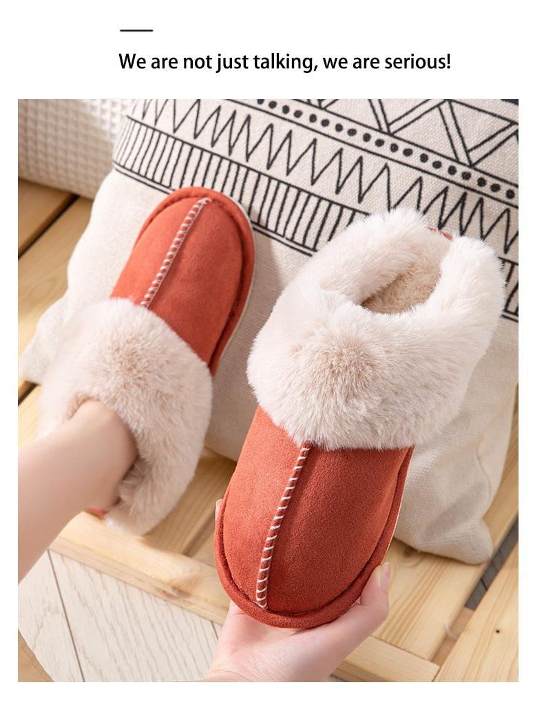 High Quality Cow Suede Leather Plush Fur Lined Women Winter Slippers Home Half Casual Shoes Flats Waterproof Memory Foam House Shoes Slipper With Fuzzy Plush Design