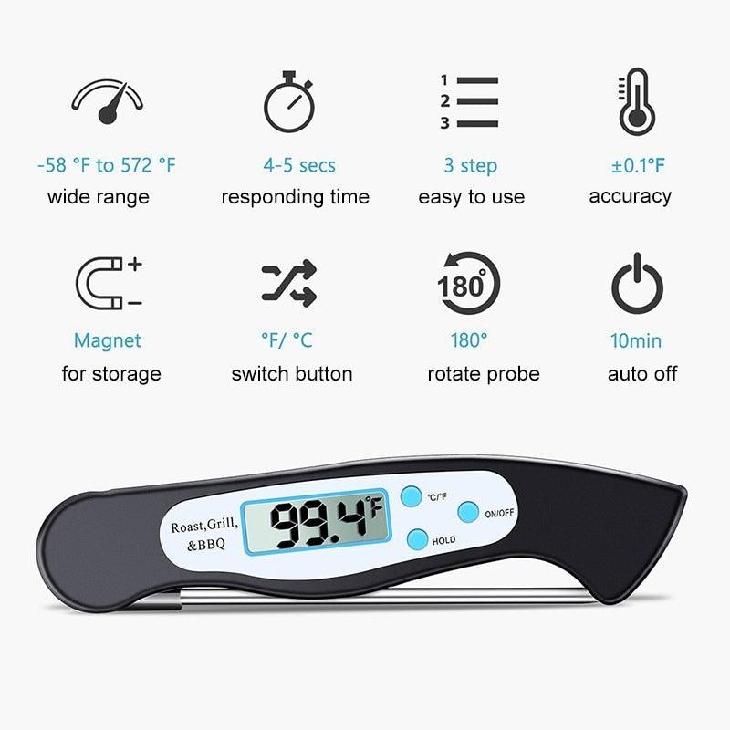 High Quality Foldable Food Thermometer Probe Digital BBQ Meat Kitchen Thermometer  Instant Read Meat Thermometer With 4.6” Folding Probe Backlight & Calibration Function For Cooking Food Candy BBQ Grill Liquids Beef Liquid Water Oil Temperature Gauge