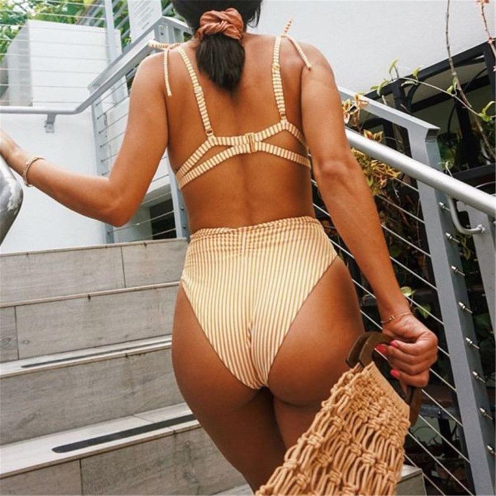 High Waist Belt Bikini Set Stripe Swimsuit Tie Front Women Swimwear Female Beach Wear Swim Bathing Suit Women's Detachable Padded Cutout Push Up Striped Bikini Set Two Piece Swimsuit